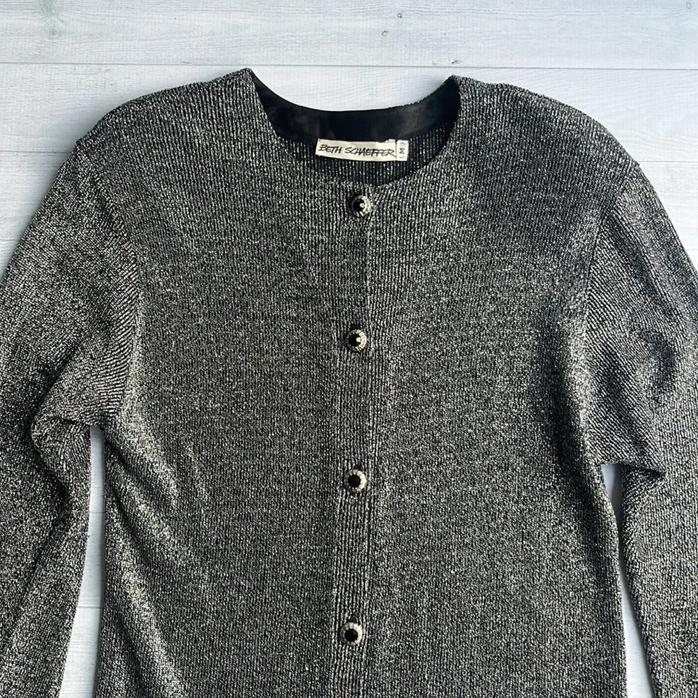 Vintage Palm Beach Beth Schaeffer Silver Metallic Cardigan Sweater M - Picture 2 of 7